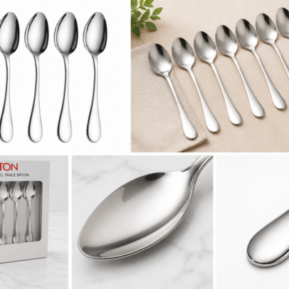 Pack of 5 stainless steel kitchen utensils including ladle, skimmer, serving spoon and spatula