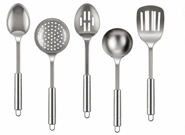 Buy Stainless Steel Kitchen Utensil Set Pack of 5. Durable food-grade cooking tools including ladle, skimmer, serving spoon and spatula for daily kitchen use.