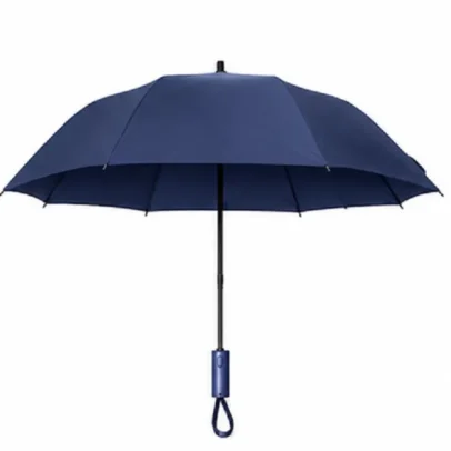 Premium navy blue automatic folding umbrella with windproof waterproof canopy for travel and daily rain protection.