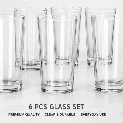 Premium transparent glass tumbler set of 6 drinking glasses for water juice and beverages.