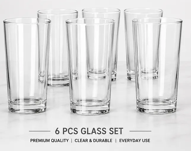 Premium transparent glass tumbler set of 6 drinking glasses for water juice and beverages.