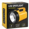 Rechargeable LED spotlight torch light with long range beam, carry handle and powerful battery for emergency and outdoor use.