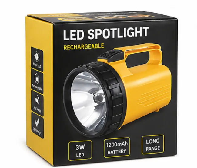 Rechargeable LED spotlight torch light with long range beam, carry handle and powerful battery for emergency and outdoor use.