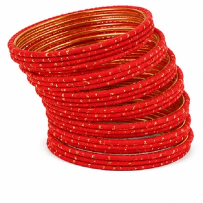Red traditional bangles set of 24 with golden glitter detailing for women bridal and festive jewellery.