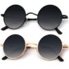 Retro round sunglasses with black and gold metal frames featuring gradient lenses for stylish casual wear, travel, and outdoor fashion