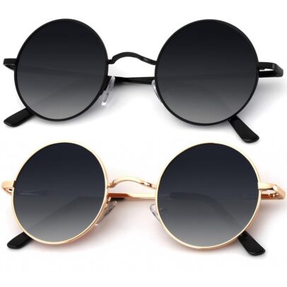 Retro round sunglasses with black and gold metal frames featuring gradient lenses for stylish casual wear, travel, and outdoor fashion
