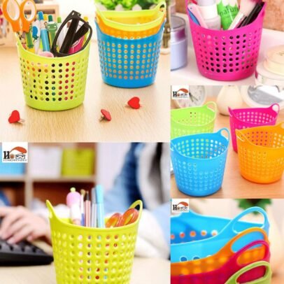 Round multicolor plastic utility basket with side handles.,.