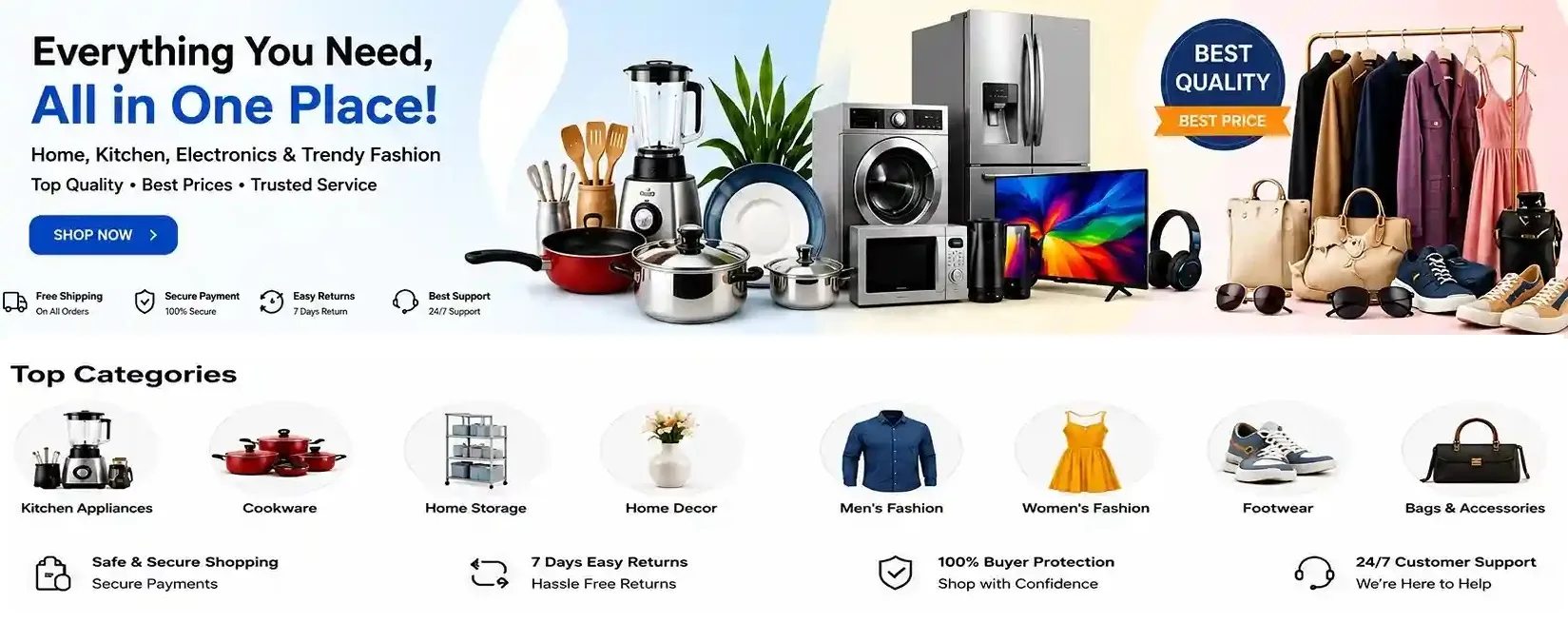 SRMN Marketplace banner displaying kitchen appliances, cookware, electronics, refrigerator, washing machine, television, fashion clothing, footwear, bags and accessories with best quality and best price offer.