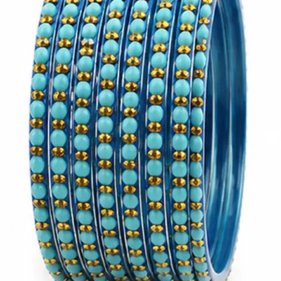 Set of 24 turquoise blue bangles with golden bead design for women and girls