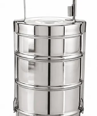 Stainless steel 3 tier tiffin lunch box with handle and secure locking system for carrying meals.