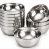 Pack of 9 stainless steel serving bowls with mirror finish for kitchen dining and food serving.