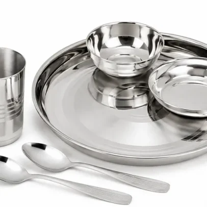 Stainless Steel Dinner Set 5 Pieces Premium Thali Set with Plate, Bowls, Glass & Spoons