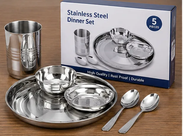 Stainless Steel Dinner Set 5 Pieces | Premium Thali Set with Plate, Bowls, Glass & Spoons for Home Dining - Image 6