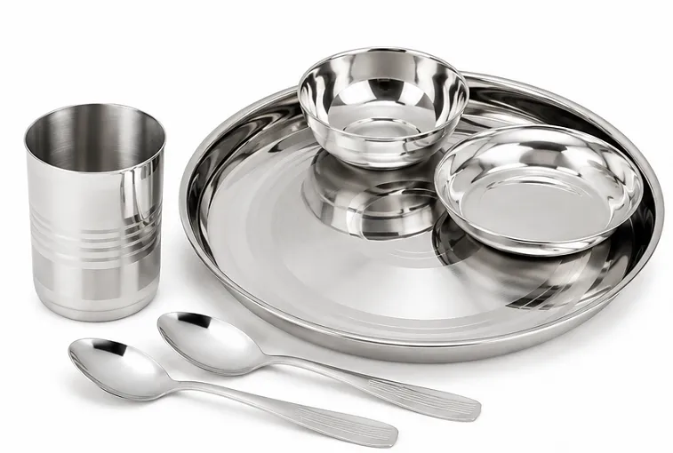 Stainless Steel Dinner Set 5 Pieces | Premium Thali Set with Plate, Bowls, Glass & Spoons for Home Dining