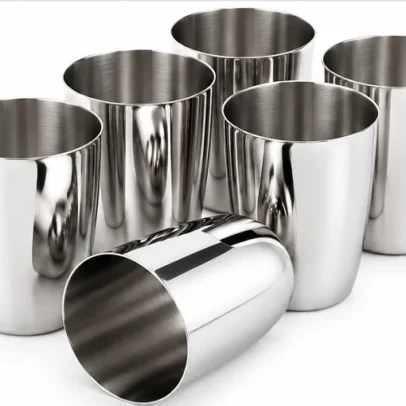 Pack of 6 stainless steel drinking glasses with polished mirror finish for home kitchen and dining use.
