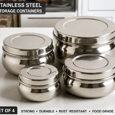 Stainless steel storage container set of 4 with lids for kitchen food storage and organization.