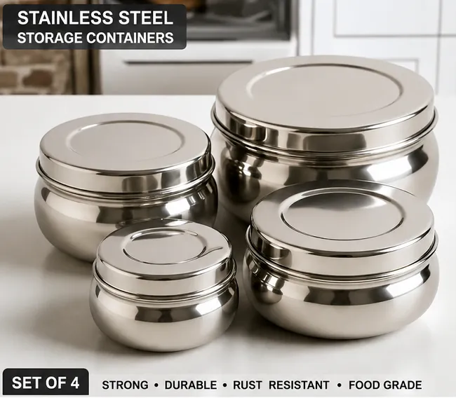 Stainless steel storage container set of 4 with lids for kitchen food storage and organization.