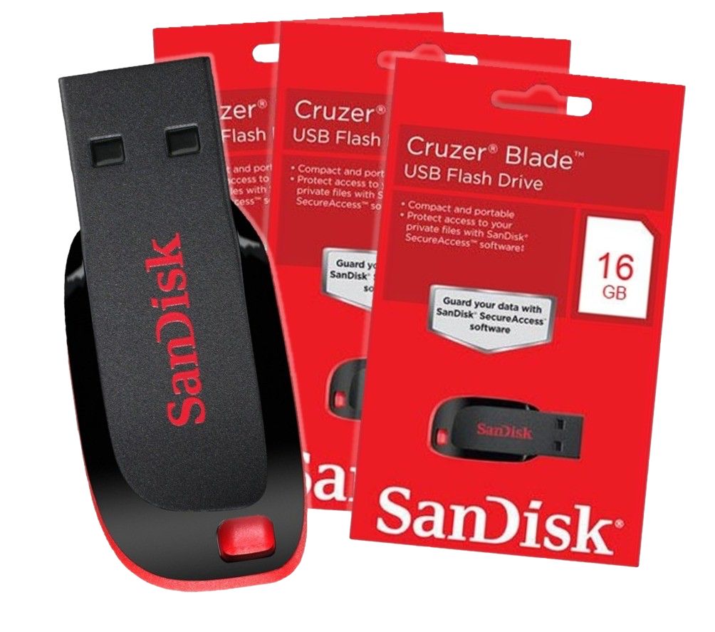SanDisk Cruzer Blade 16GB USB flash drive with compact portable design and retail packaging for storing documents, photos, videos and digital files
