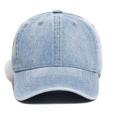 Vintage washed denim baseball cap with distressed curved brim and adjustable fit for casual fashion, travel, sports and outdoor activities
