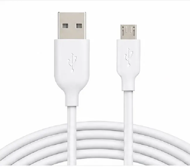 White USB to Micro USB charging cable for Android smartphones power banks and data transfer.