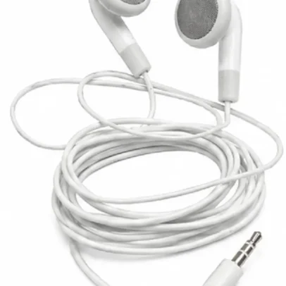 White wired stereo earphones with 3.5mm audio jack for smartphones laptops tablets and music devices.