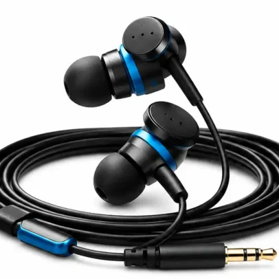 Wired in-ear earphones with microphone, 3.5mm audio jack and deep bass stereo sound for mobile phones and laptops.