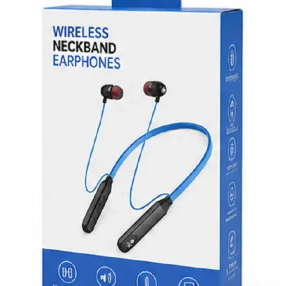 Wireless Bluetooth neckband earphones with magnetic stereo earbuds and built-in microphone in blue and black design.