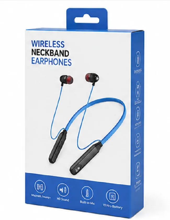 Wireless Bluetooth neckband earphones with magnetic stereo earbuds and built-in microphone in blue and black design.