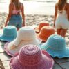 Women's colorful wide brim crochet straw sun hats for beach vacations, summer travel, outdoor activities and sun protection