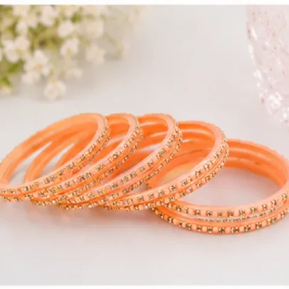 24 Pcs Peach Gold Designer Bangles Set for Women with Golden Stone Traditional Chudi Collection.