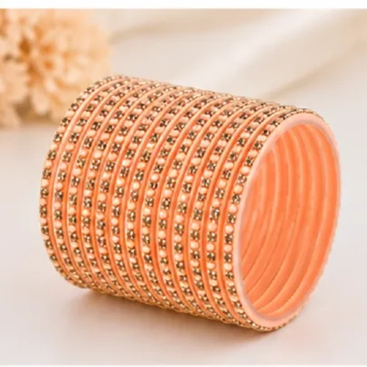 24 Pcs Peach Gold Designer Bangles Set for Women with Golden Stone Traditional Chudi Collection