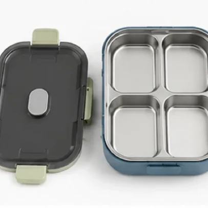 4 compartment stainless steel lunch box with airtight leak-proof lid, food-grade container, and multi-section design for office, school, and travel meals.