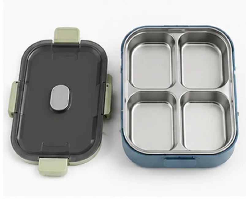 4 compartment stainless steel lunch box with airtight leak-proof lid, food-grade container, and multi-section design for office, school, and travel meals.