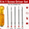 5 in 1 screwdriver set with ergonomic handle and interchangeable flat, Phillips, and pointed screwdriver bits for home, office, electronics, and DIY repairs.