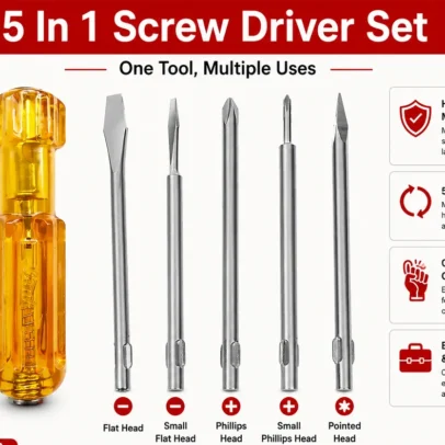 5 in 1 screwdriver set with ergonomic handle and interchangeable flat, Phillips, and pointed screwdriver bits for home, office, electronics, and DIY repairs.