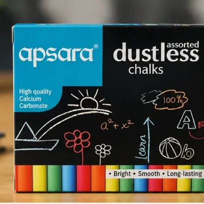 Apsara dustless assorted colour chalks pack containing 20 bright coloured non-toxic chalk sticks for blackboards, classrooms, schools, offices and home learning.