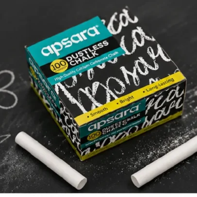 Apsara Dustless White Chalk box containing 100 smooth writing non-toxic chalk sticks for schools, classrooms, offices, tuition centres and home learning.