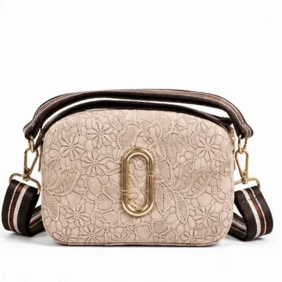 Beige Floral Women's Crossbody Sling Bag with Adjustable Striped Shoulder Strap and Gold-Tone Hardware