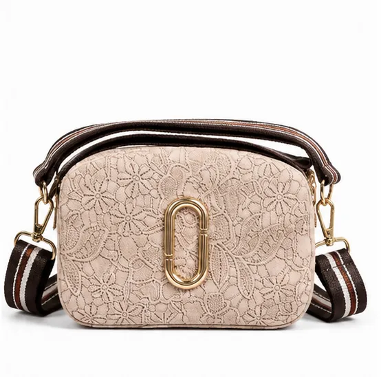 Beige Floral Women's Crossbody Sling Bag with Adjustable Striped Shoulder Strap and Gold-Tone Hardware