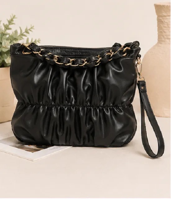 Black Women's Ruched Sling Bag | Premium Chain Shoulder Handbag for Women - Image 2