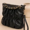 Black Women's Ruched Shoulder Sling Bag with Gold Chain Handle and Wrist Strap