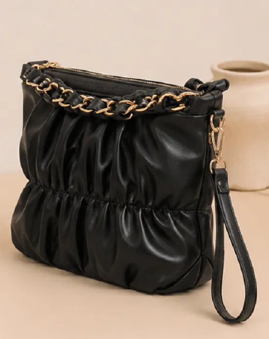 Black Women's Ruched Sling Bag | Premium Chain Shoulder Handbag for Women - Image 3