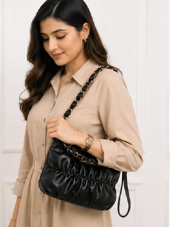 Black Women's Ruched Sling Bag | Premium Chain Shoulder Handbag for Women - Image 4