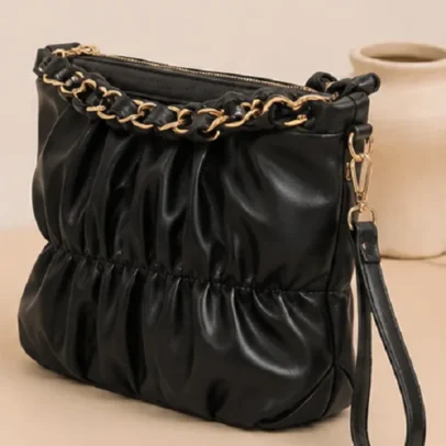 Black Women's Ruched Shoulder Sling Bag with Gold Chain Handle and Wrist Strap