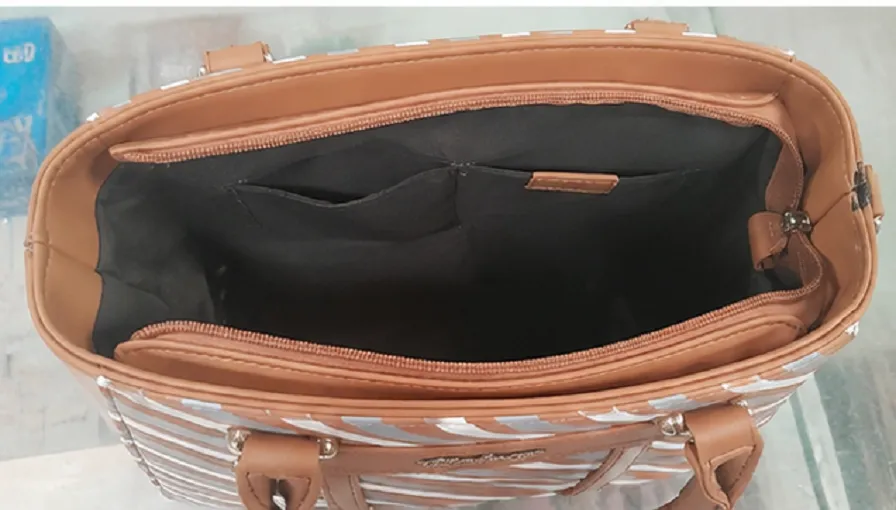 Brown Striped Women's Tote Handbag | Stylish Fashion Office Bag for Daily Use - Image 3