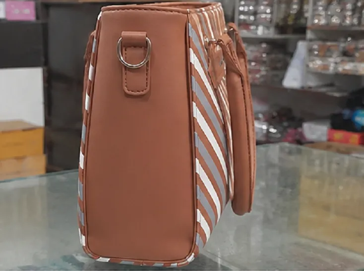 Brown Striped Women's Tote Handbag | Stylish Fashion Office Bag for Daily Use - Image 6