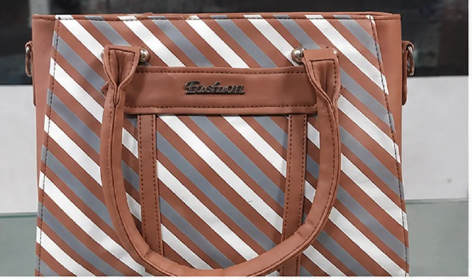 Brown Striped Women's Tote Handbag with Dual Handles Premium Office Shoulder Bag for Shopping Travel and Daily Use