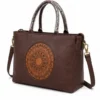 Brown Women's Designer Tote Handbag with Mandala Print Premium Leather Look Office Bag for Shopping Travel and Daily Use