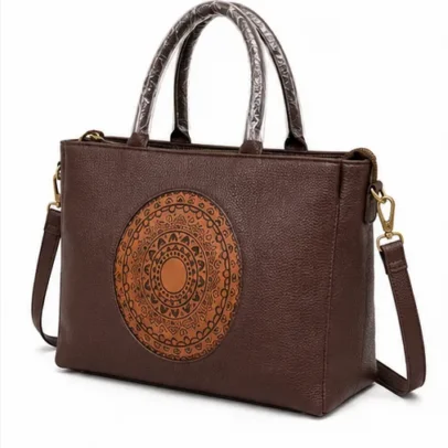 Brown Women's Designer Tote Handbag with Mandala Print Premium Leather Look Office Bag for Shopping Travel and Daily Use