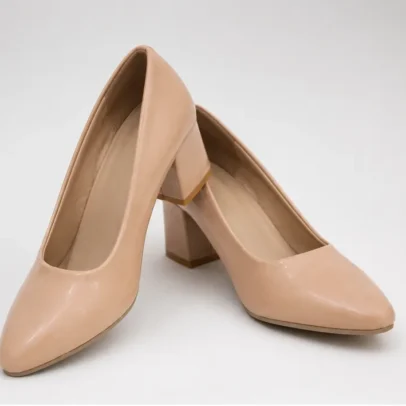 Classic nude beige block heel pumps for women with pointed toe, comfortable office and party footwear displayed from multiple angles.
